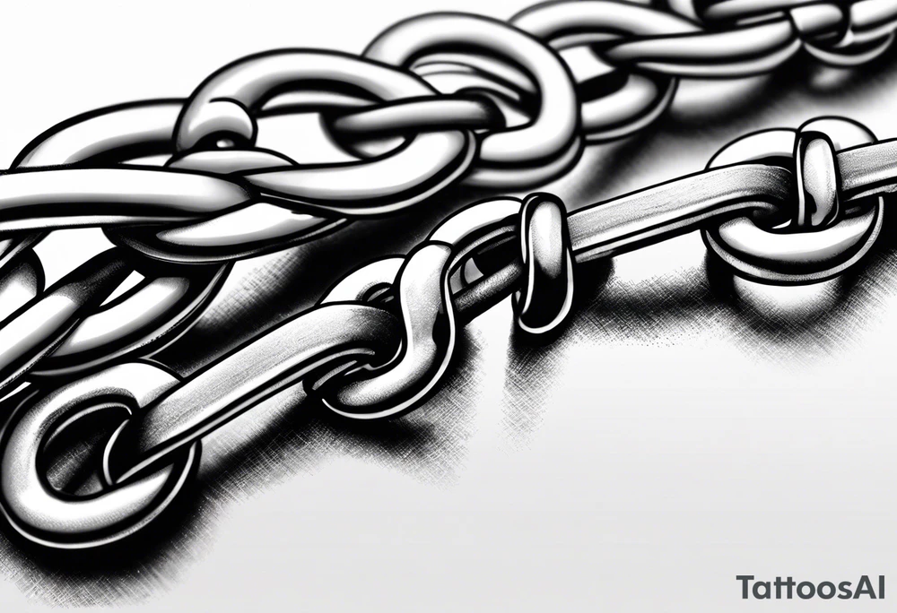 Create a tattoo sketch in a realistic style, depicting a straight chain lying horizontally on a white background. The chain links should be identical in size, evenly spaced, and perfectly aligned from a top-down view. Focus on capturing the metallic texture, reflections, shadows, and signs of wear on each link for a lifelike effect. tattoo idea