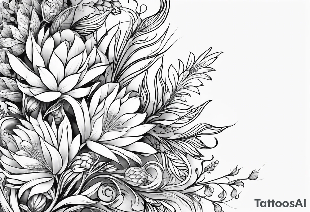 Vertical floral arm sleeve with wheat and dragonflower and florals tattoo idea