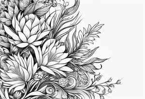 Vertical floral arm sleeve with wheat and dragonflower and florals tattoo idea