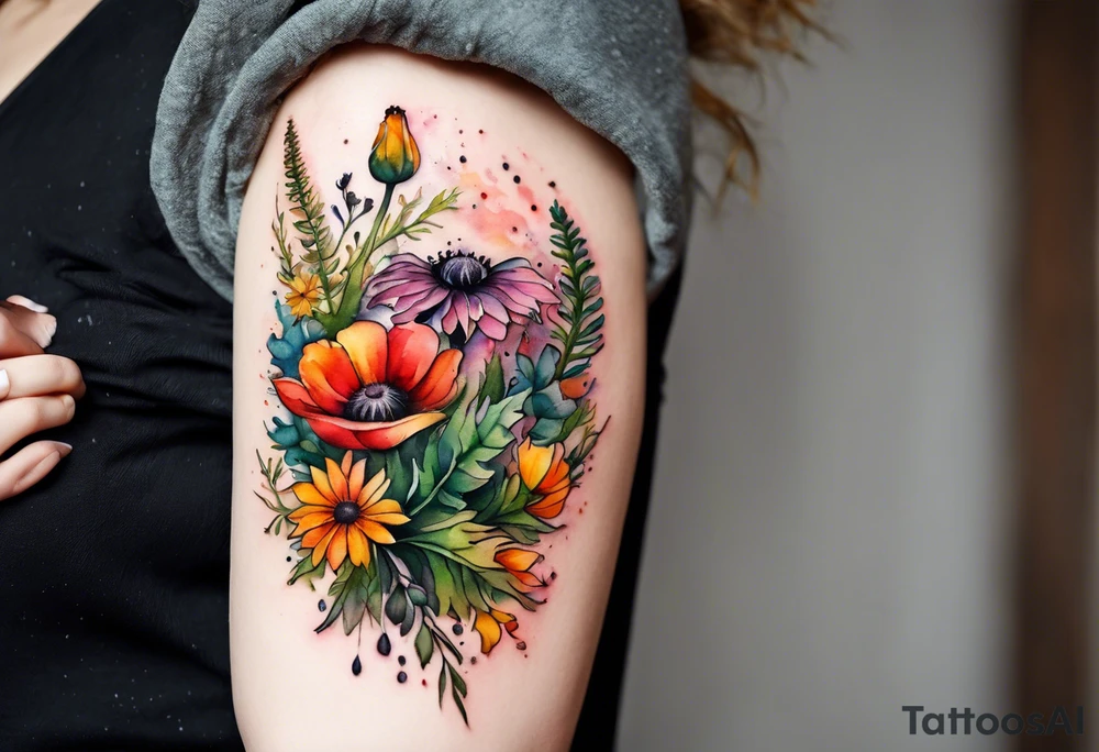 simple wildflowers cascading with thistles, ferns, white anemones, sun flowers, yellow flowers, red flowers, pink flowers, green flowers, buttercups, orange flowers, babys breath and daisies all in watercolor tattoo idea
