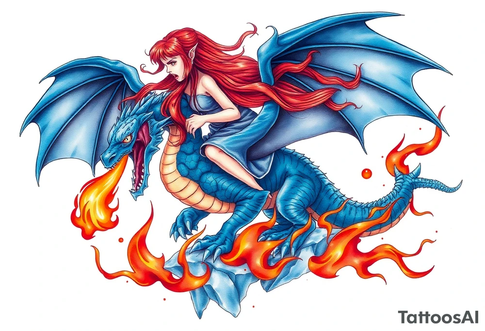 Scared redheaded girl on a blue dragon breathing fire with wings spread and flying over ice and flames tattoo idea