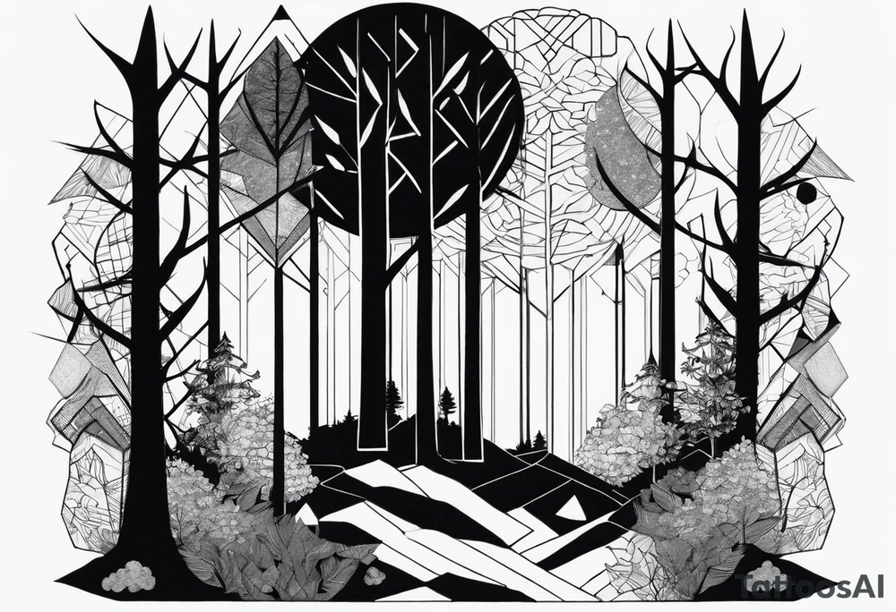 Wald silhouette mit Geometric Muster im Hintergrund tattoo idea