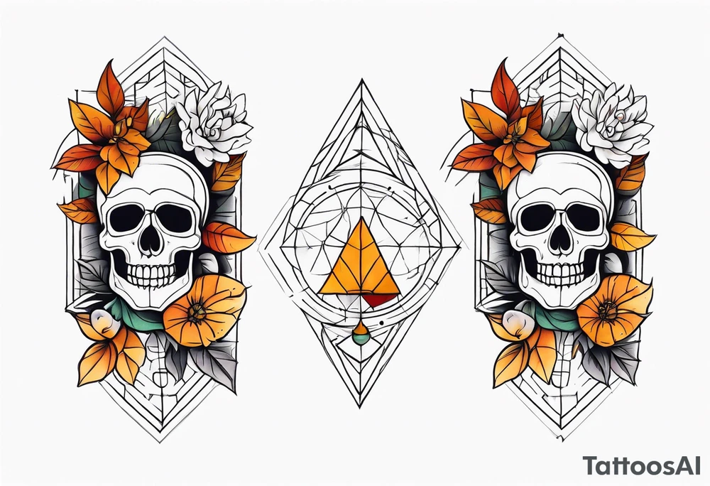Knee tattoo with fall colors, flowers, skulls and geometric shapes. tattoo idea