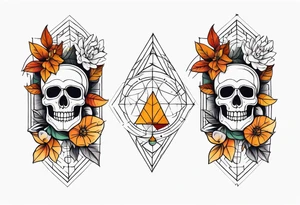 Knee tattoo with fall colors, flowers, skulls and geometric shapes. tattoo idea
