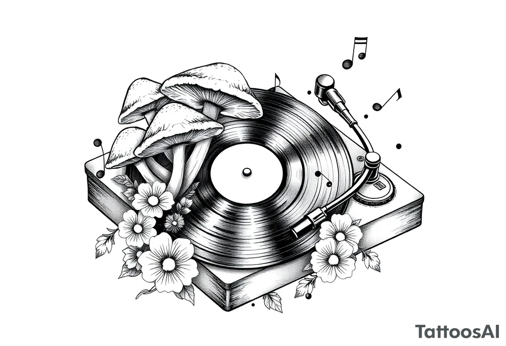 vinyl record player with mushrooms, flowers, and music notes around it tattoo idea