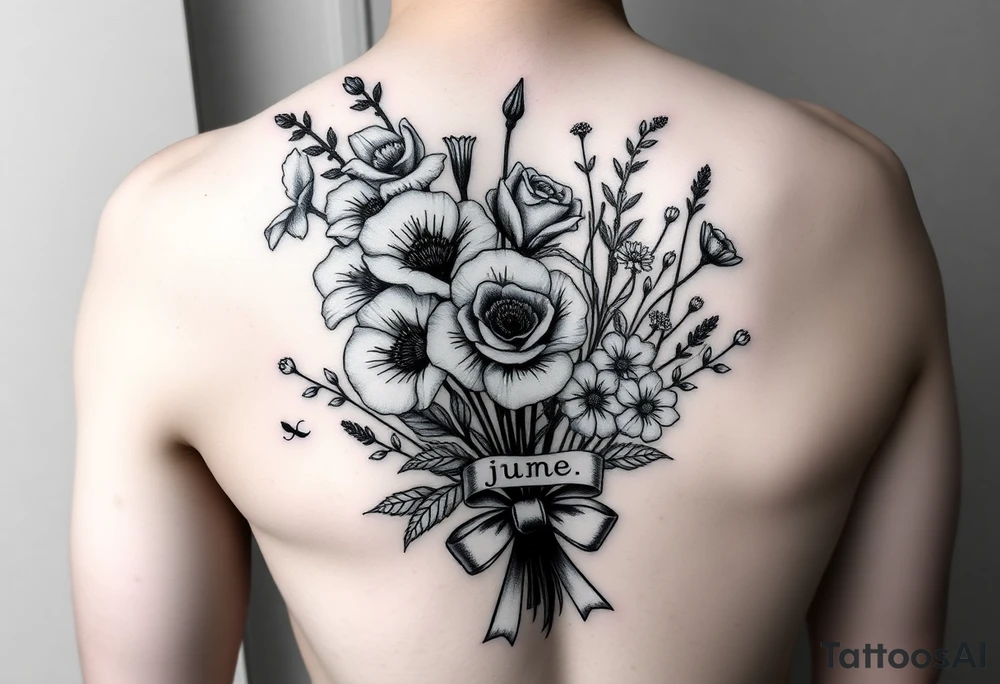 black and white tattoo with a bouquet of hollyhocks, one wild rose, and two wild flowers. Put a full realistic stethoscope along side seperately from the bouquet not touching it. Include three names among the flowers: June Etta Roxy Rosalie. make the bouquet have a ribbon bow towards the bottom holding the flowers like they had just been picked from the garden tattoo idea