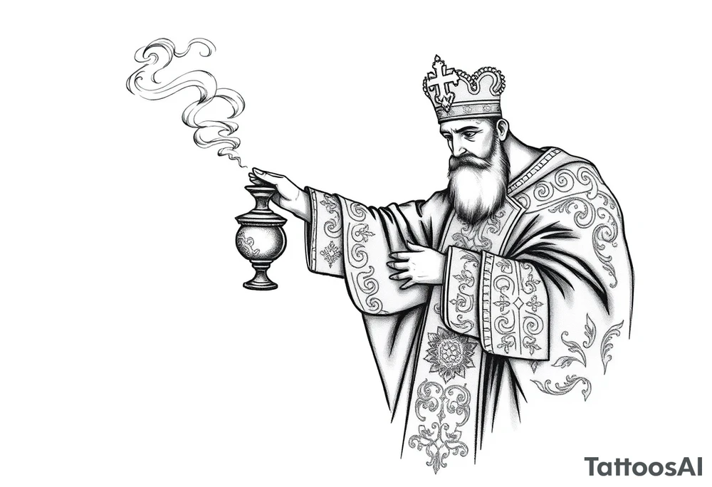 A Russian Orthodox Priest in full gold vestments swinging a censer with smoke curling upward 

The ornate robes give incredible fine line detail
The incense smoke could flow and connect to other elements
It ties directly into the church and Virgin Mary you already have
Very culturally authentic to the overall theme tattoo idea