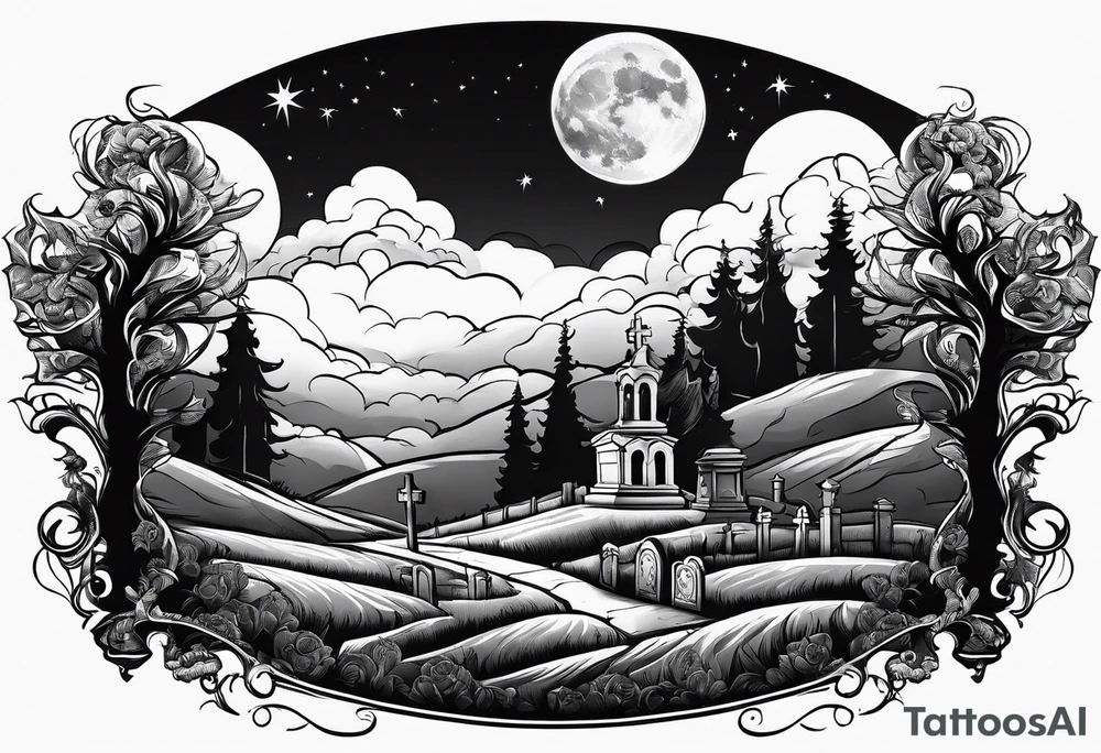 Cemetery on hills with smoke and moon tattoo idea