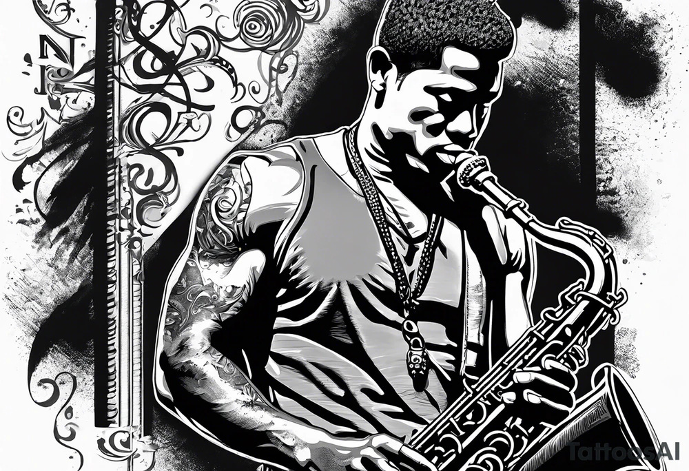 Muay Thai boxer with strong body is playing jazz on a Selmer tenor saxophone in an American jazz club front of a new orleans jazz trio band. The notes are coming out from the saxophone and turning into buddhist symbols. tattoo idea