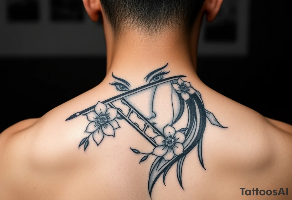 Samurai Asian face
with a fan across her face with cherry blossom with wind tattoo idea