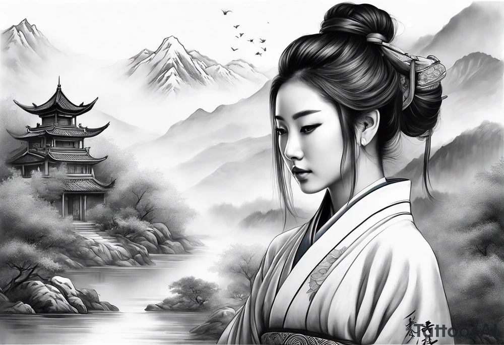forearm sleeve traditional chinese art painting style autumn mountains mist fog water Chinese temple female with pony tail wearing robes meditating tattoo idea