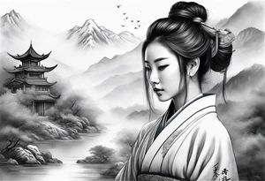 forearm sleeve traditional chinese art painting style autumn mountains mist fog water Chinese temple female with pony tail wearing robes meditating tattoo idea