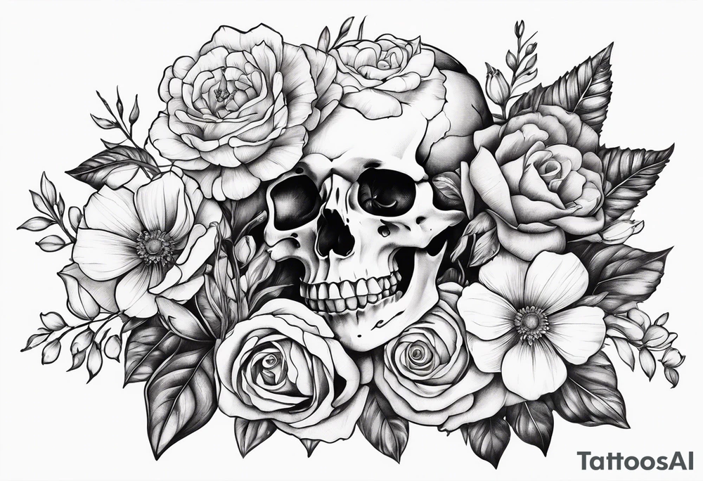 Skeleton hand holding bouqet of flowers tattoo idea
