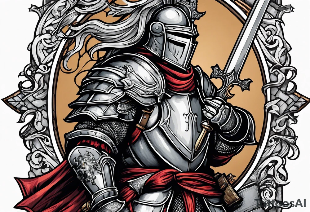 knight holding a bible over his head in combat with both hands tattoo idea