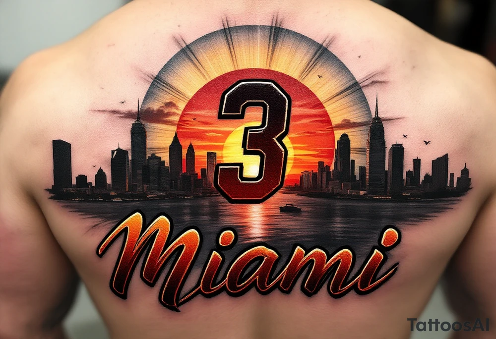 Detailed Miami city skyline at sunset, Miami heat basketball jersey number 3 artistically integrated with the sunset, artistically blend elements of rap music culture throughout image using powerful suggestive imagery, Miami spelled with graffiti style font curving text under entire image tattoo idea