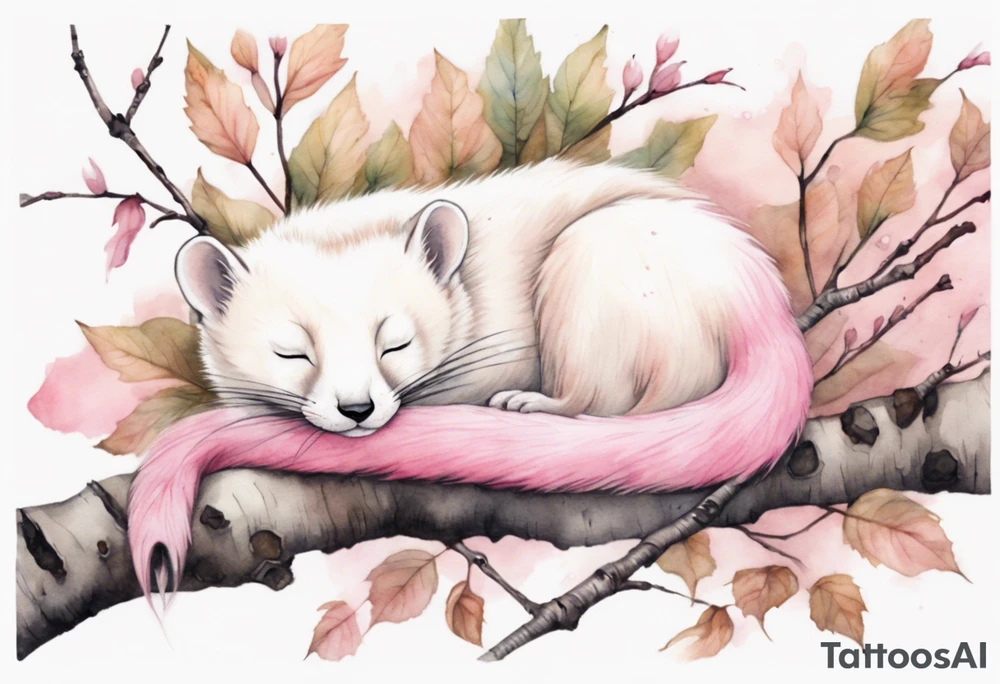 watercolor of an ermine covered in pink fur sleeping in the branches of a birch tree tattoo idea