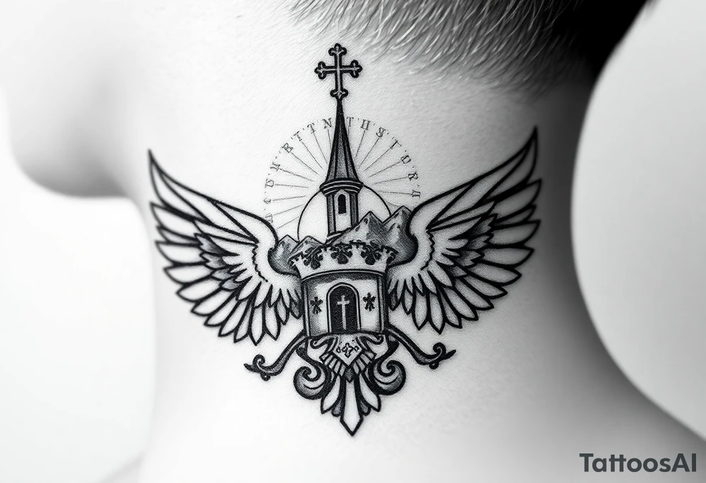 russian coat of arms with both heads visible & wings with an orthodox christian church being visible in a mountainous sun beaming setting, with the russian orthodox cross spire of the orthodox church being visible with a sun beaming in the background that the cross sits inside tattoo idea