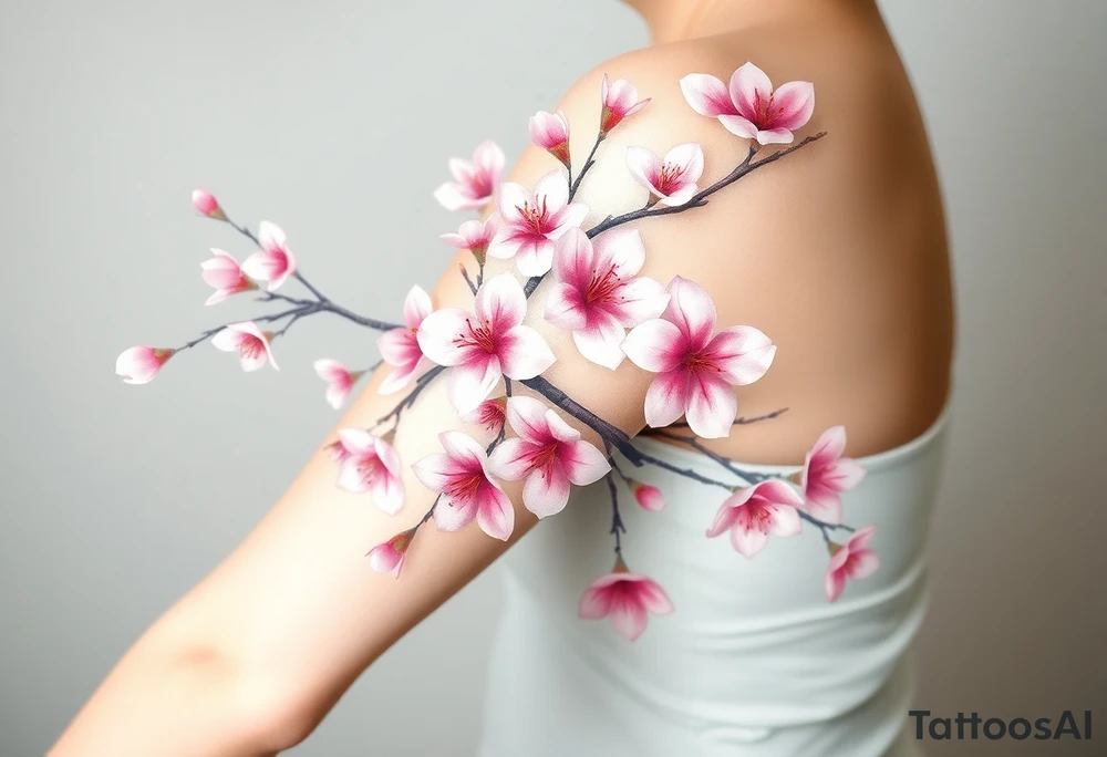 delicate cherry blossoms swirling in spring breeze with petals tattoo idea