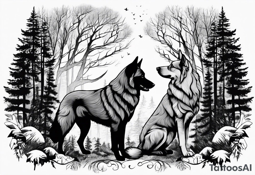 two norwegian elkhounds guarding a dark forest tattoo idea two norwegian elkhounds guarding a dark forest tattoo idea