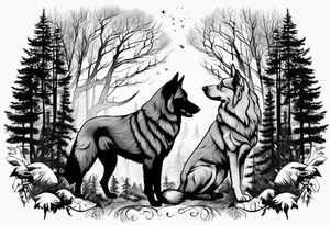 two norwegian elkhounds guarding a dark forest tattoo idea