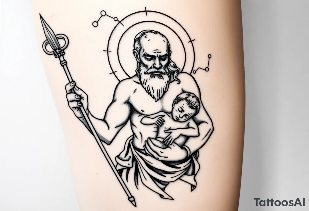 a tattoo design of the Greek God Saturn but older and nearly dying holding a spear with the astrology Saturn symbol as the spear head, in his other arms cradling a twin dying younger version of himself. The gemini constellation is in the background behind the Saturn Gods. Long vertical form as this will be on a thigh tattoo idea