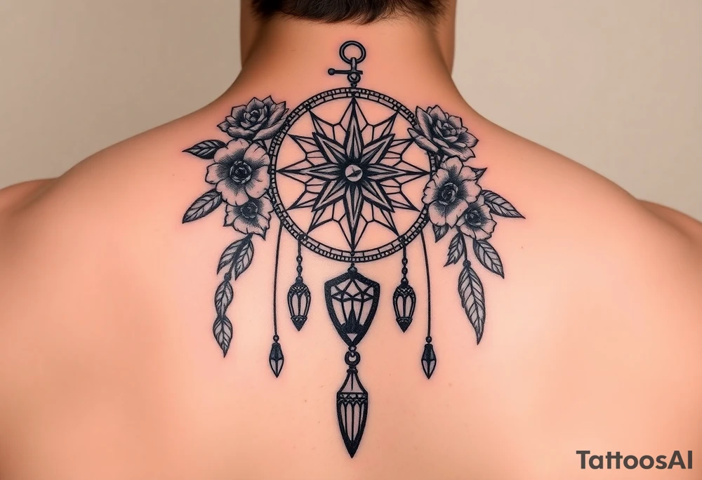 Boho dream catcher with compass and anchor Beautiful flowers and an ornamental chandelier like look tattoo idea