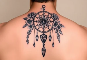 Boho dream catcher with compass and anchor Beautiful flowers and an ornamental chandelier like look tattoo idea
