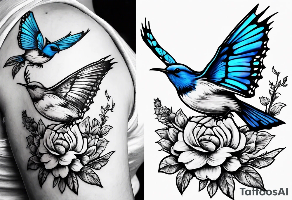 Rocky mountain peak with mountain blue birds and monarch butterflies with wild prairie roses for a half sleeve tattoo idea