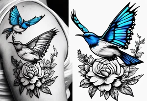 Rocky mountain peak with mountain blue birds and monarch butterflies with wild prairie roses for a half sleeve tattoo idea