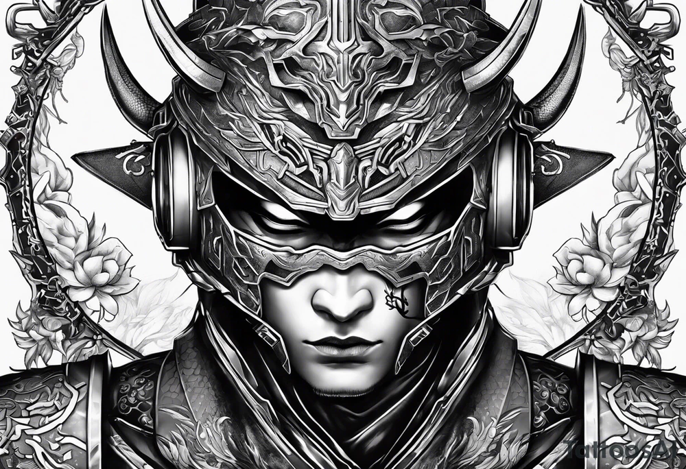 Angry Male Modern robot ninja with demon mask with swords in hands tattoo idea