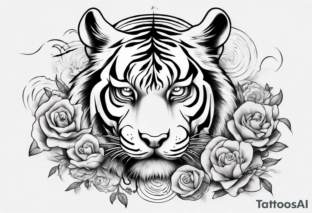 Tiger sleeve tattoo with lightning and the sun tattoo idea