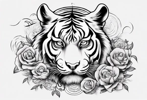 Tiger sleeve tattoo with lightning and the sun tattoo idea