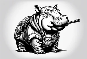 Baby hippo wearing overalls and holding a shotgun tattoo idea