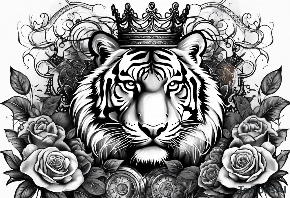 A full sleeve tiger with a crown and third eye with a hour glass instead the hour glass brain cover in in clouds and a heart cover in grass and roots with roses and smoke all over the arm tattoo idea