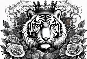 A full sleeve tiger with a crown and third eye with a hour glass instead the hour glass brain cover in in clouds and a heart cover in grass and roots with roses and smoke all over the arm tattoo idea