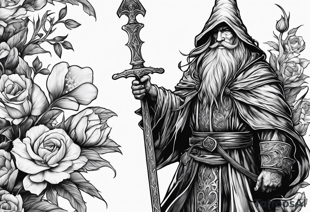 Wizard with a sword and flowers tattoo idea