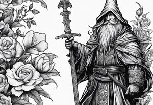 Wizard with a sword and flowers tattoo idea