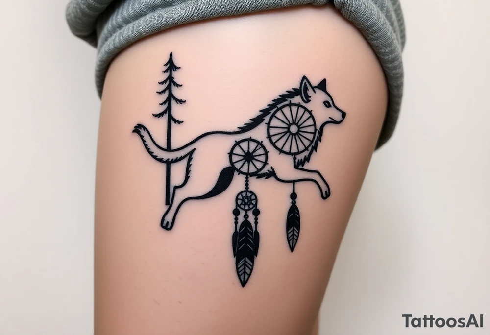 A wolf running through the woods, with dreamcatcher rings tattoo idea