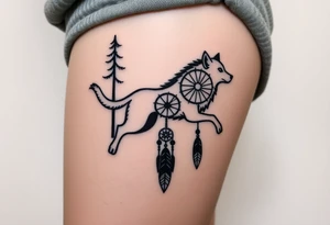 A wolf running through the woods, with dreamcatcher rings tattoo idea