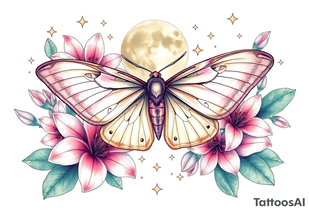 Beautiful Luna moth encompassed by lily flowers and stars tattoo idea