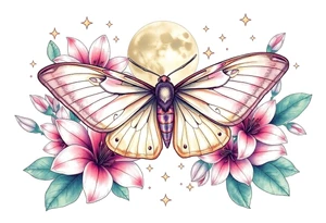Beautiful Luna moth encompassed by lily flowers and stars tattoo idea