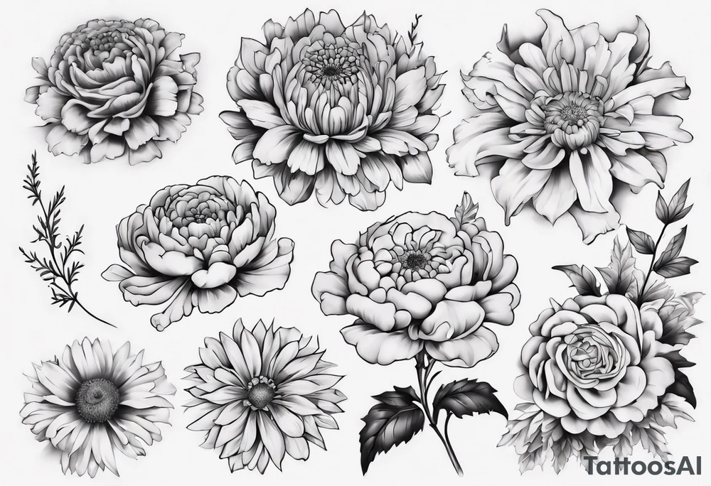a sleeve tattoo of Marigold flowers, Chrysanthemum flowers, Chelsea flowers, Holly flowers and roses tattoo idea