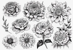 a sleeve tattoo of Marigold flowers, Chrysanthemum flowers, Chelsea flowers, Holly flowers and roses tattoo idea