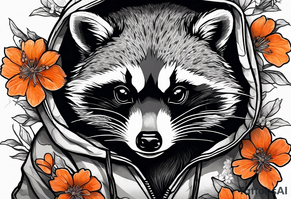 raccoon wearing a Superman hoodie with orange Japanese cherry blossoms tattoo idea