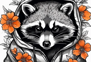 raccoon wearing a Superman hoodie with orange Japanese cherry blossoms tattoo idea