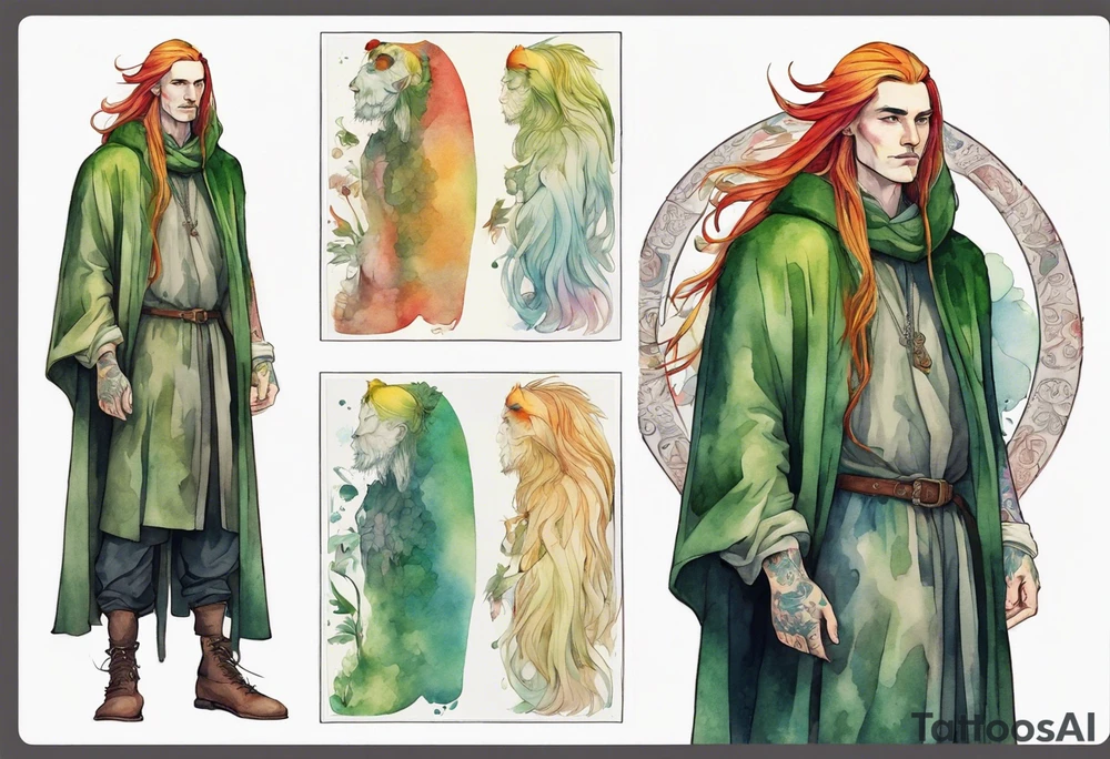 A tall, beautiful Swedish man with long rainbow hair. Green tinted skin. Wearing a medieval cloak and boots. tattoo idea