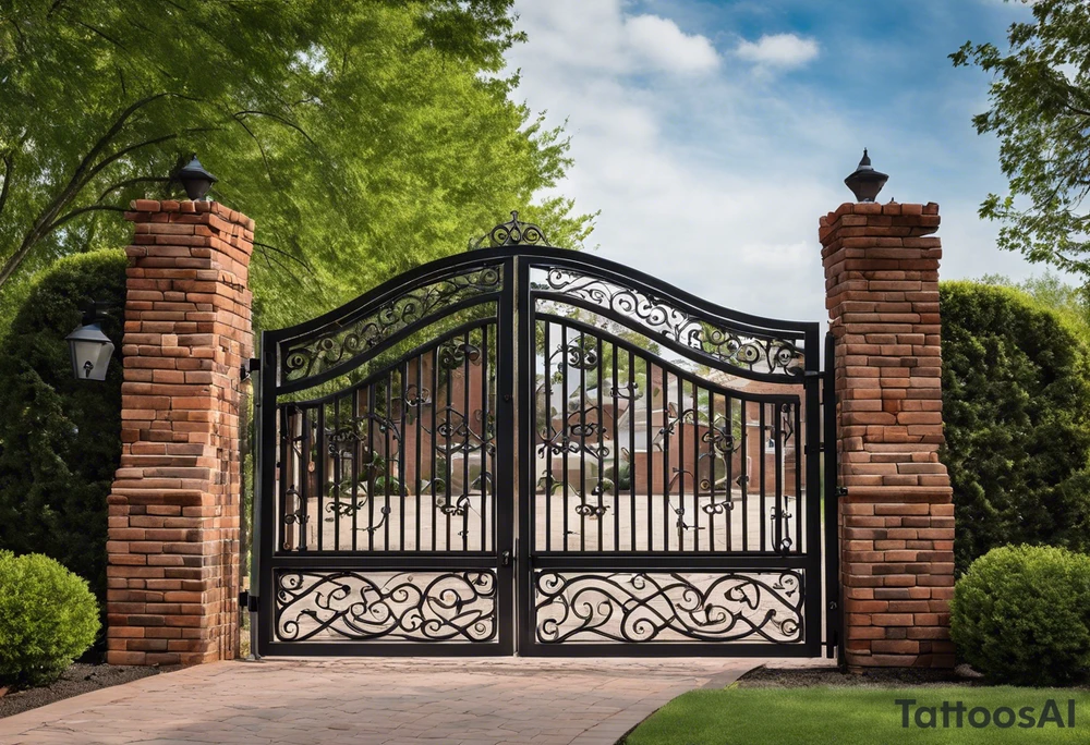 This image depicts an arched gate made of intricately designed wrought iron. The gate has swirling patterns, with the iron bars curving elegantly in various directions, forming loops and curves. The gate is set within a brick frame, with the bricks having a weathered, slightly irregular appearance. The bricks are painted in a gradient of colors, primarily shades of red and pink, transitioning into some hints of green and blue, especially around the edges.

Behind the gate, there’s a pathway made of bricks that leads into a lush garden. The garden is full of greenery, with trees and plants visible in the background. The image has a slightly surreal and artistic quality, possibly due to some paint or texture effects applied to it, giving it a dreamy and almost watercolor-like appearance. tattoo idea