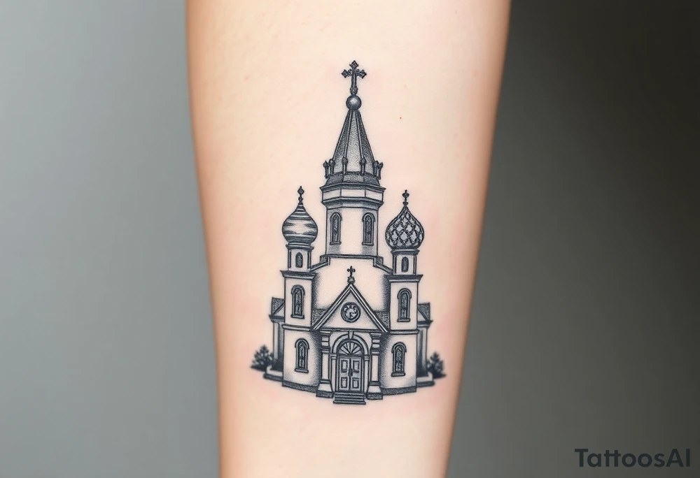 in a dorsal view a detailed medium sized country style russian orthodox church with onion domes and a band at the front with mist shrouding the top and fading into a virgin mary overlooking above at the top tattoo idea