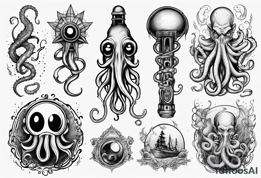 lovecraft long tattoo to put on the forearm, with eye and tentacle tattoo idea