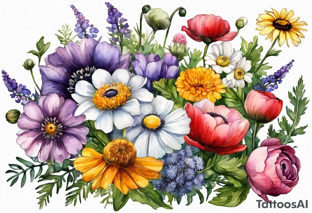 wildflowers with thistles, ferns, ranuculus, white anemones, sun flowers, red flowers, pink flowers, purple flowers, buttercups, babys breath, daisies, and greenery all in watercolor tattoo idea